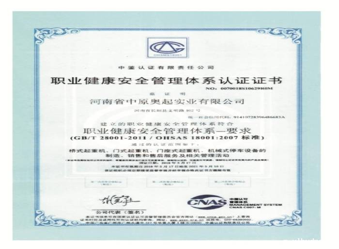 桥式起重机-星空体育官方账号职业健康**管理体系认证证书